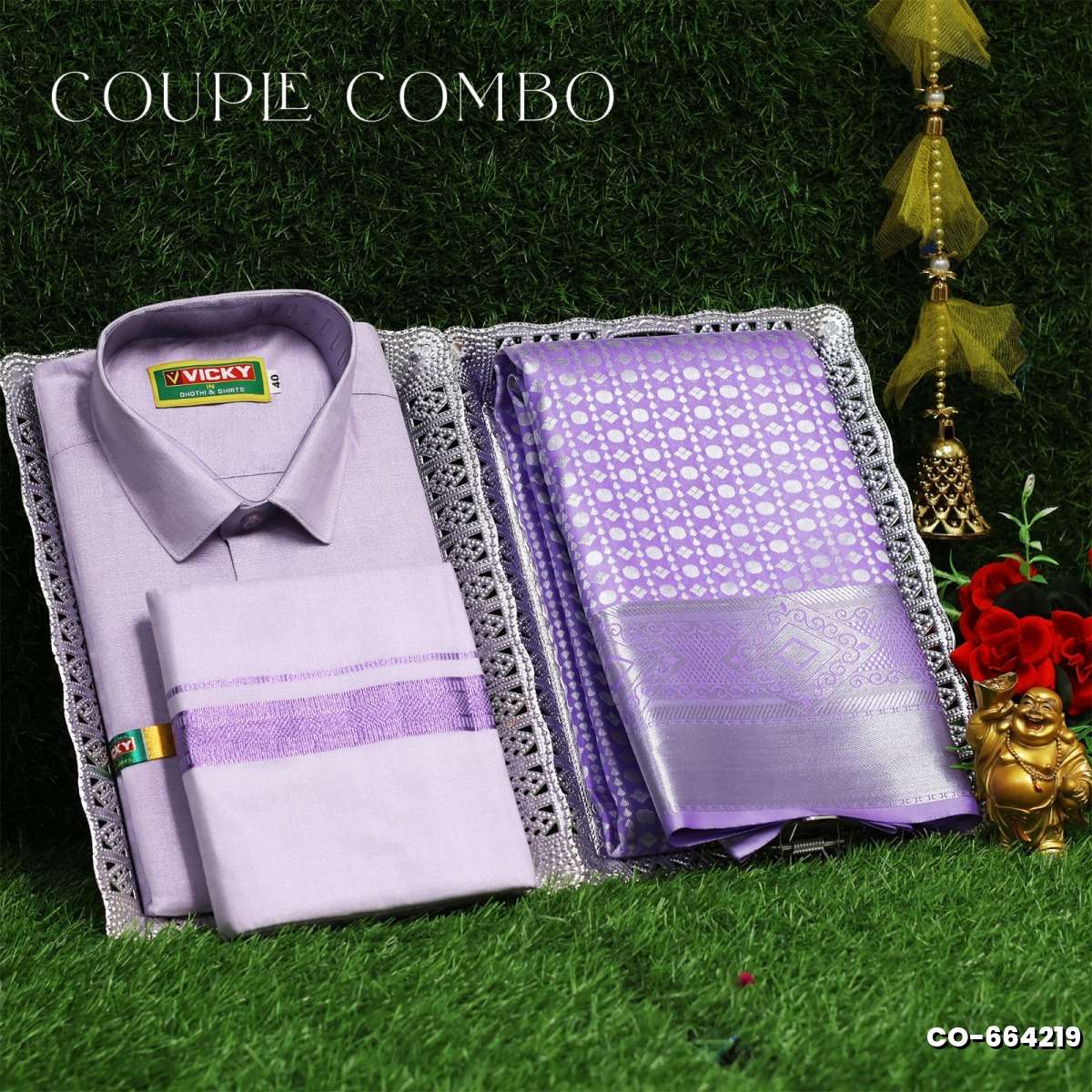 Elegant Tissue Dhoti Shirt & Saree Couple Combo coordinated look for special occasions - LEVENDOR (1)