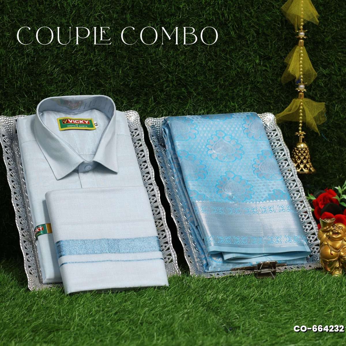 Elegant Tissue Dhoti Shirt & Saree Couple Combo coordinated look for special occasions - LIGHT SKY BLUE (1)