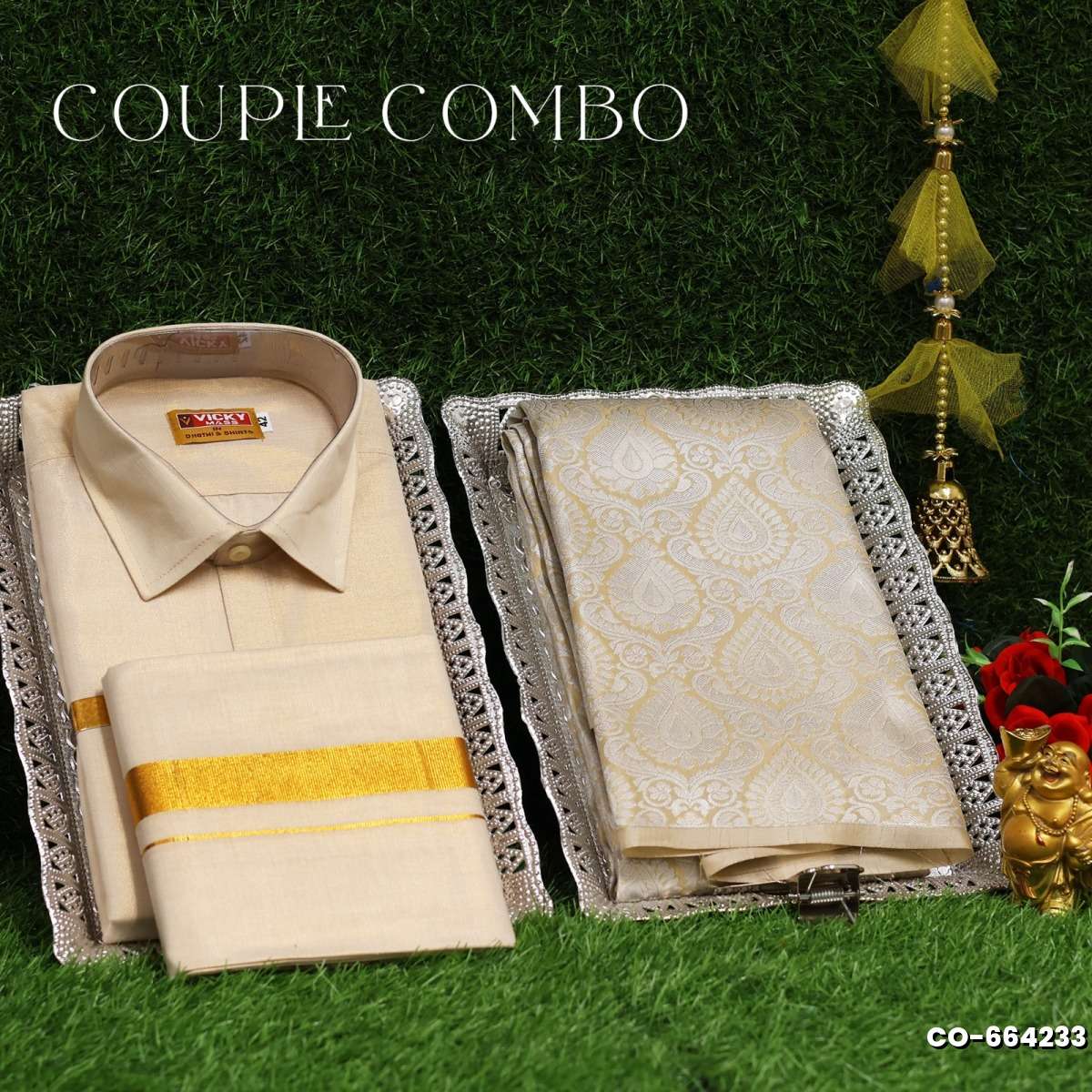 Elegant Tissue Dhoti Shirt & Saree Couple Combo coordinated look for special occasions - CREAM