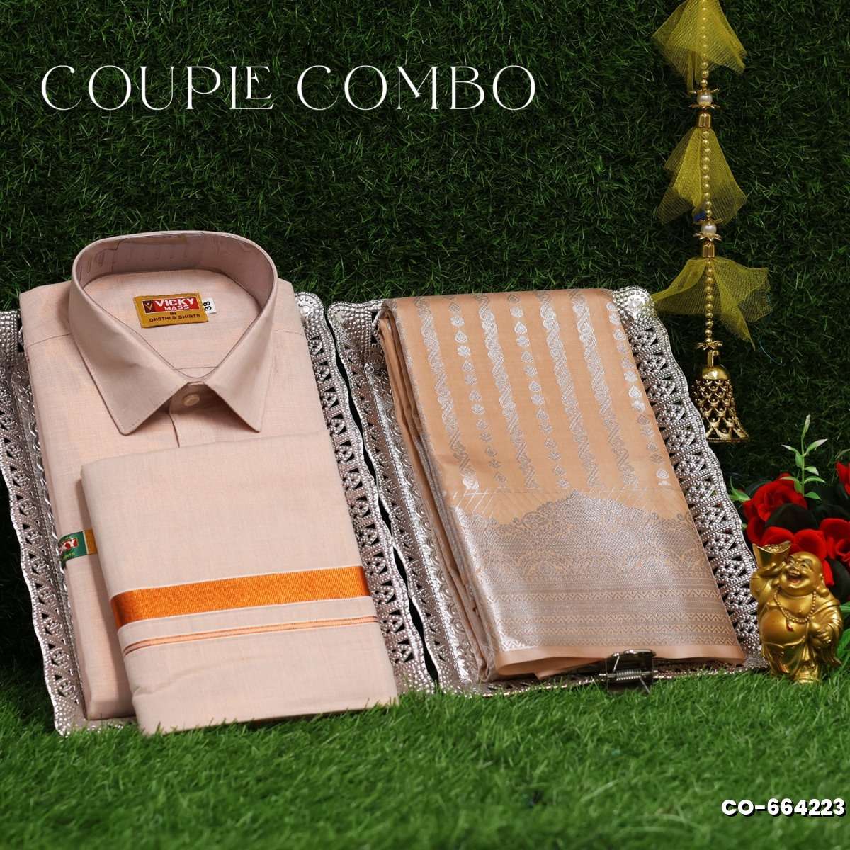 Elegant Tissue Dhoti Shirt & Saree Couple Combo coordinated look for special occasions - LIGHT SANDLE (1)
