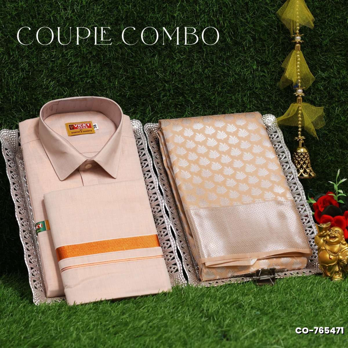 Elegant Tissue Dhoti Shirt & Saree Couple Combo coordinated look for special occasions - PEACH COLOUR (1)