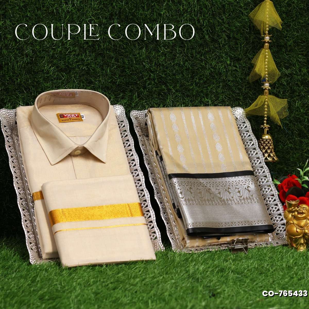 Elegant Tissue Dhoti Shirt & Saree Couple Combo coordinated look for special occasions - CREAM (1)