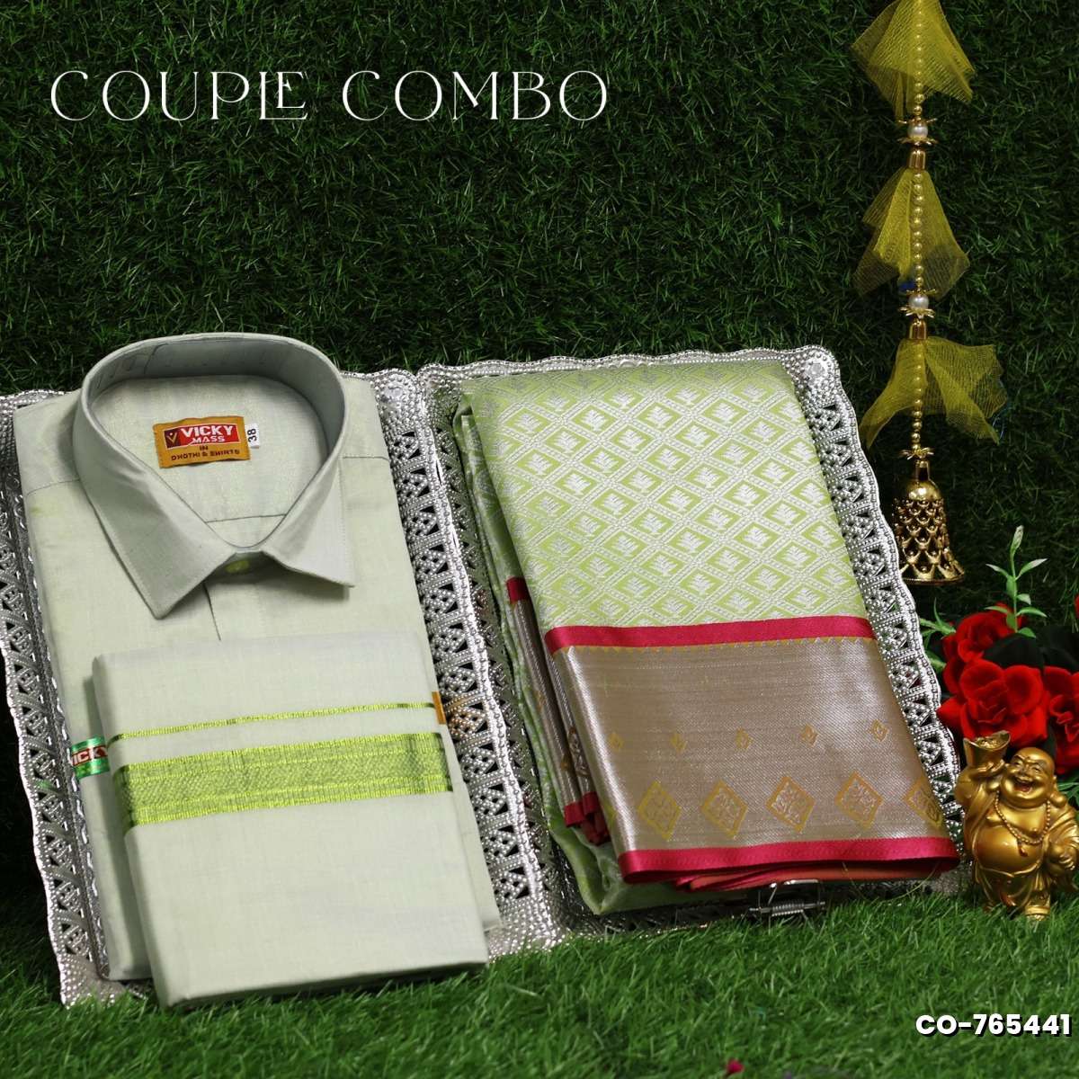 Elegant Tissue Dhoti Shirt & Saree Couple Combo coordinated look for special occasions - LIGHT GREEN (2)