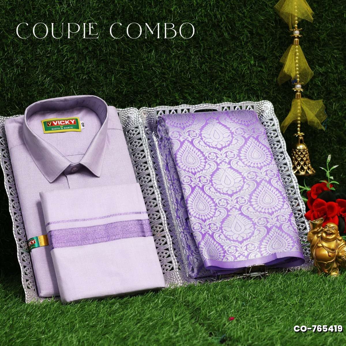 Elegant Tissue Dhoti Shirt & Saree Couple Combo coordinated look for special occasions - LEVENDOR (2)