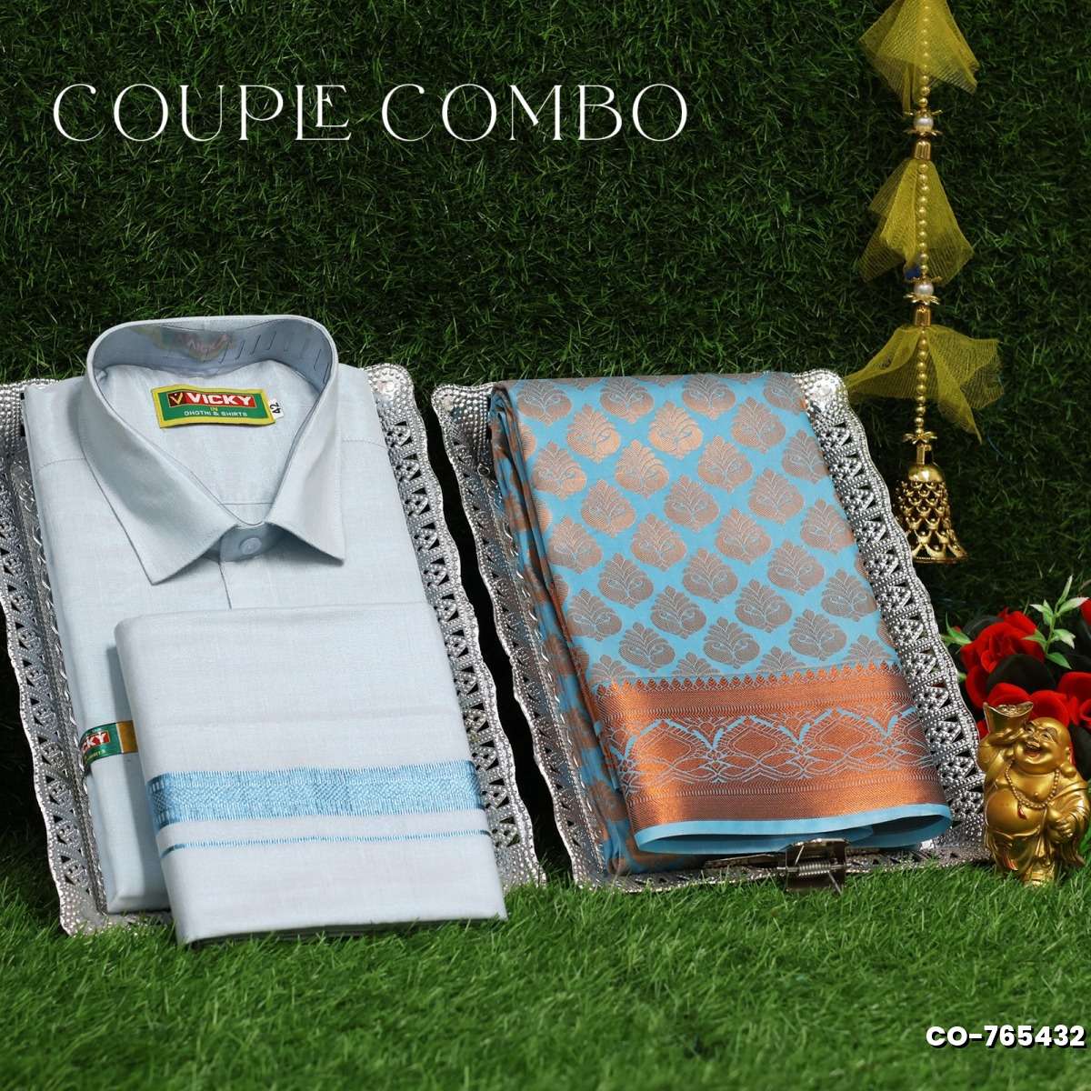 Elegant Tissue Dhoti Shirt & Saree Couple Combo coordinated look for special occasions - LIGHT SKY BLUE (2)