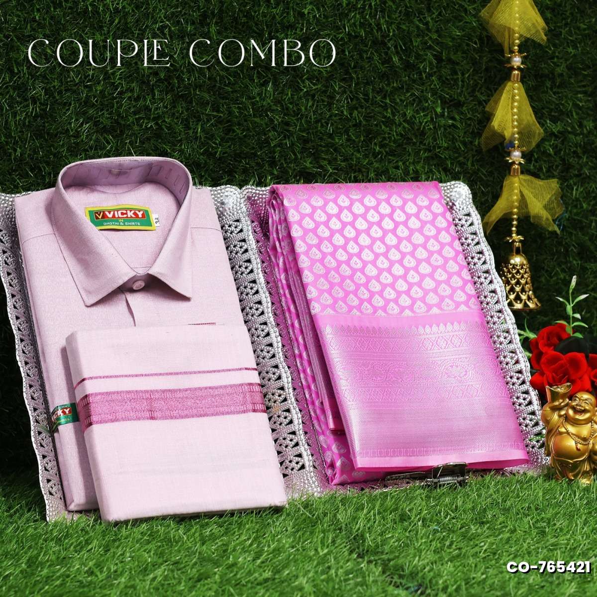 Elegant Tissue Dhoti Shirt & Saree Couple Combo coordinated look for special occasions - BABY PINK (2)