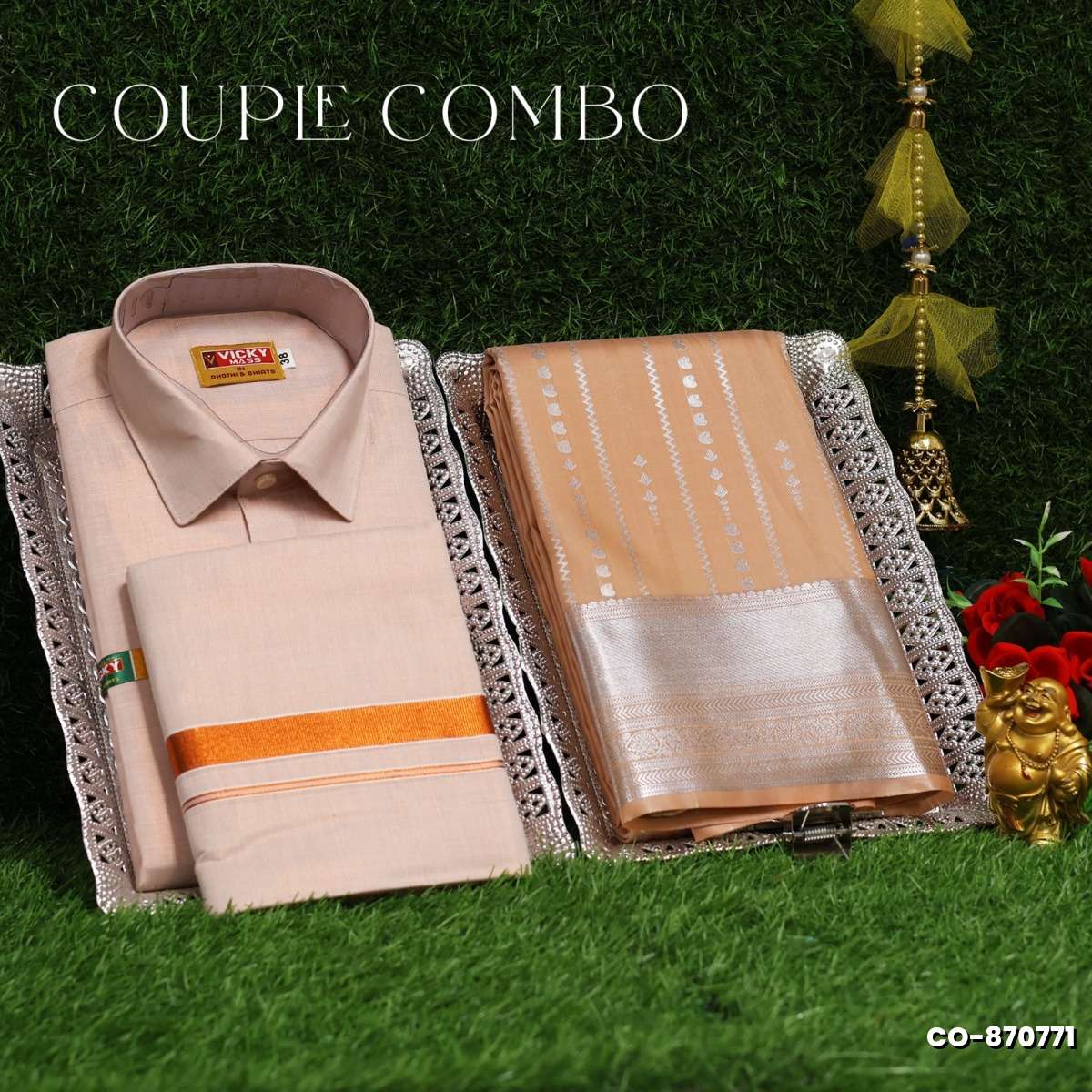 Elegant Tissue Dhoti Shirt & Saree Couple Combo coordinated look for special occasions - PEACH COLOUR (2)
