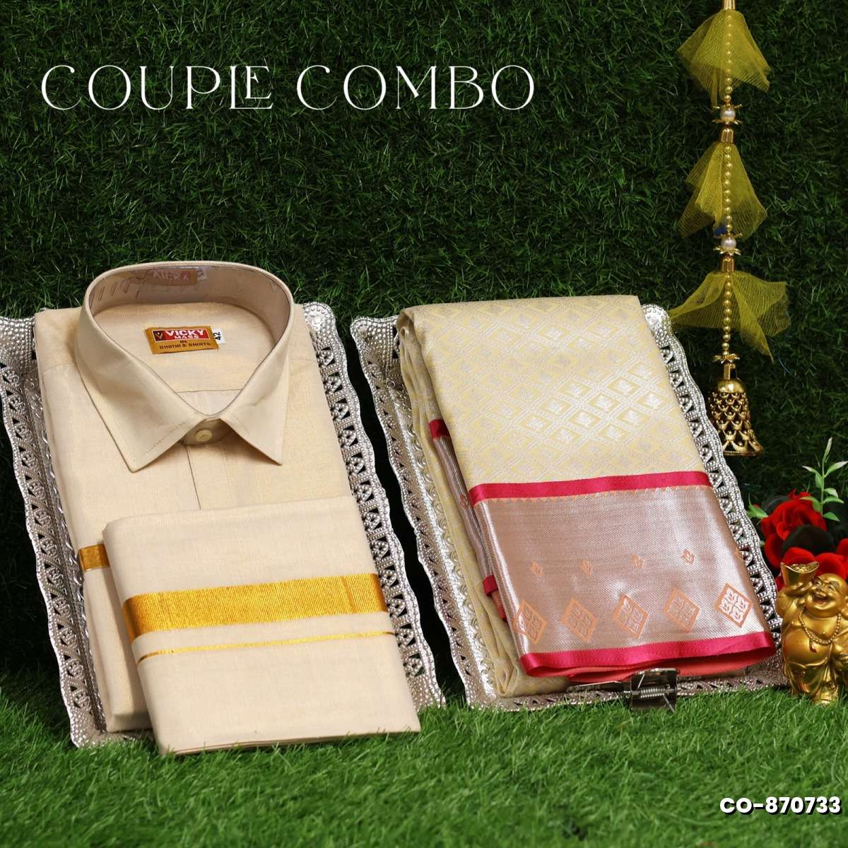 Elegant Tissue Dhoti Shirt & Saree Couple Combo coordinated look for special occasions - CREAM (2)