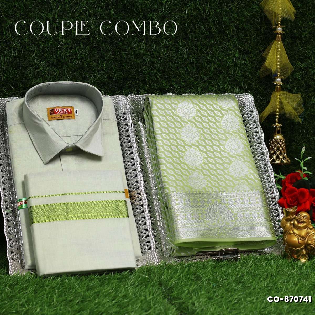 Elegant Tissue Dhoti Shirt & Saree Couple Combo coordinated look for special occasions - LIGHT GREEN (3)