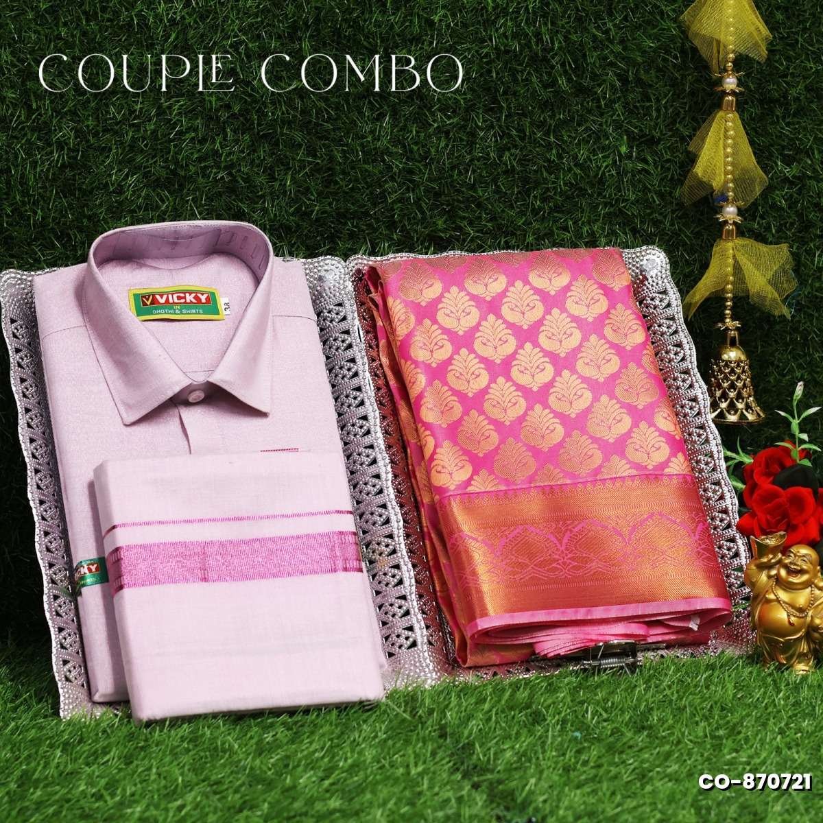 Elegant Tissue Dhoti Shirt & Saree Couple Combo coordinated look for special occasions - BABY PINK (3)