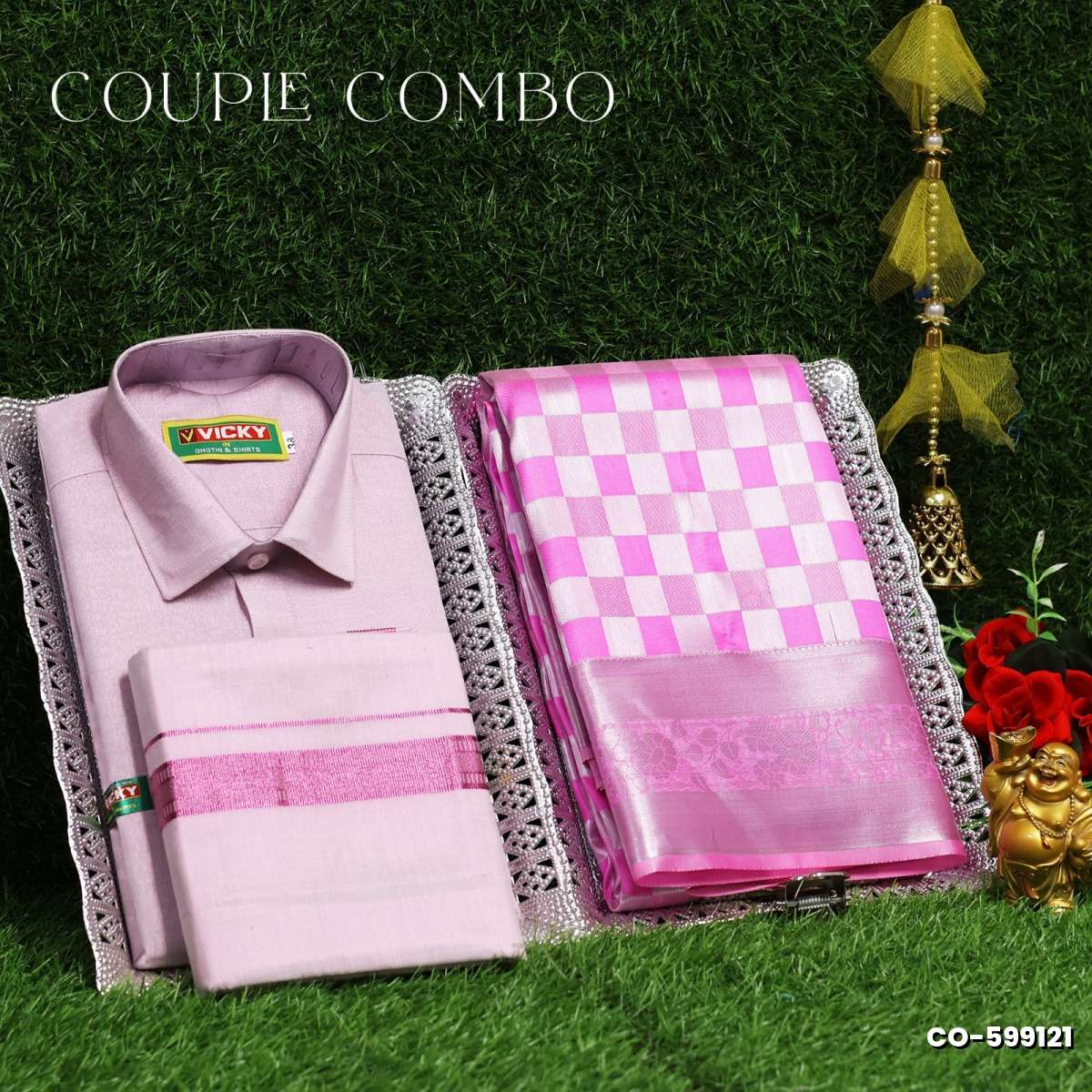 Elegant Tissue Dhoti Shirt & Saree Couple Combo coordinated look for special occasions - BABY PINK (4)