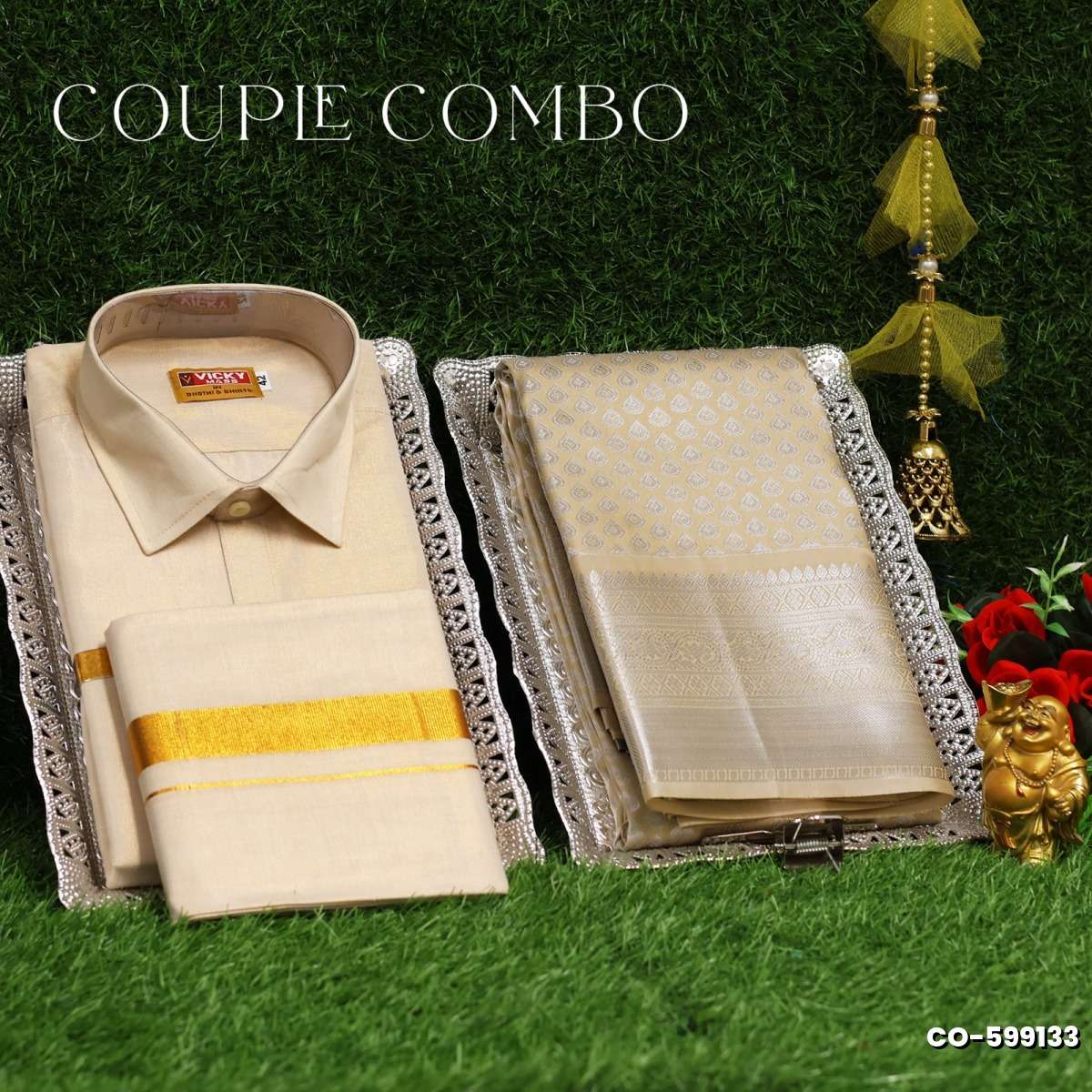 Elegant Tissue Dhoti Shirt & Saree Couple Combo coordinated look for special occasions - CREAM (3)