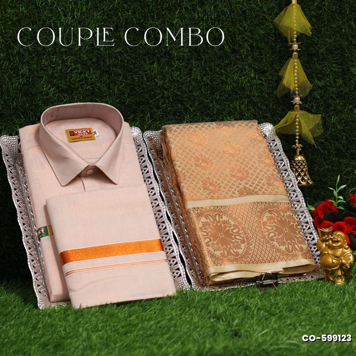 Elegant Tissue Dhoti Shirt & Saree Couple Combo coordinated look for special occasions - LIGHT SANDLE (2)