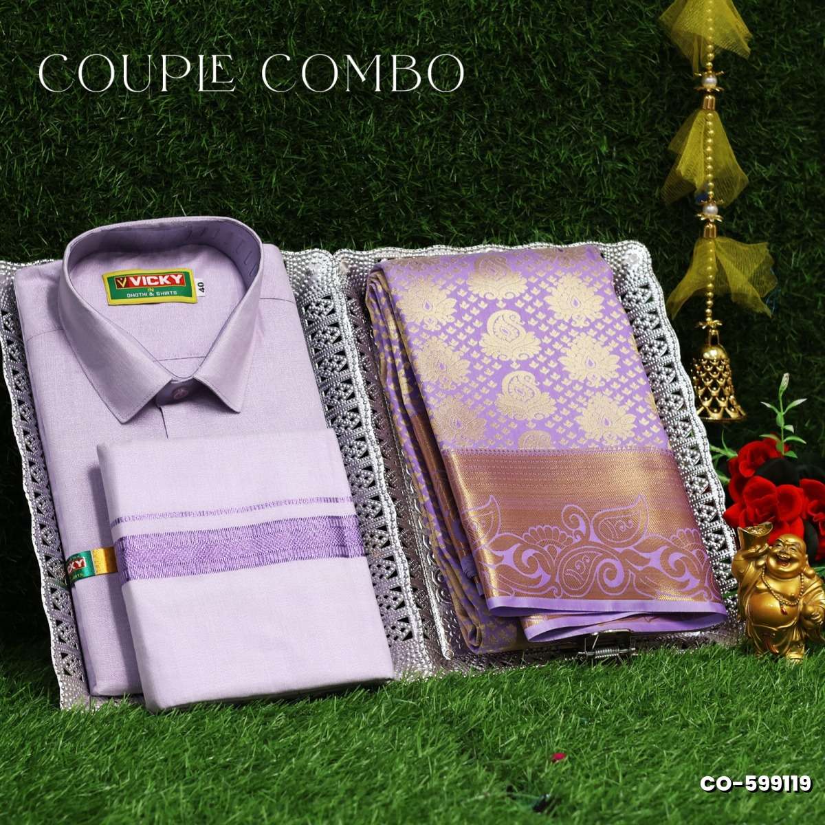 Elegant Tissue Dhoti Shirt & Saree Couple Combo coordinated look for special occasions - LEVENDOR (4)