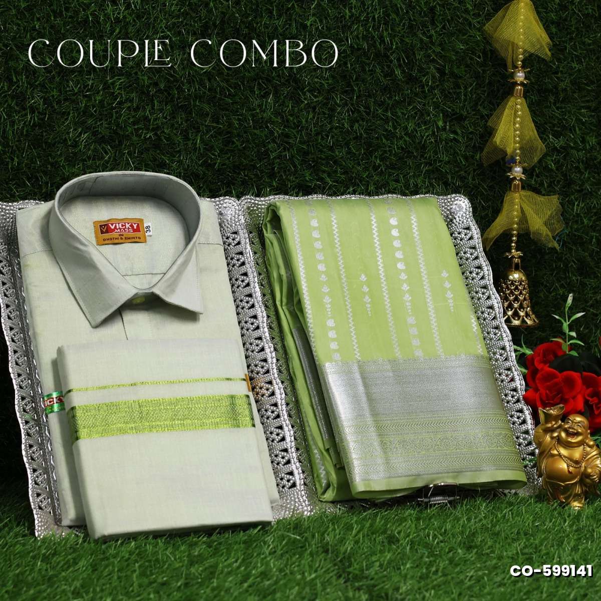 Elegant Tissue Dhoti Shirt & Saree Couple Combo coordinated look for special occasions - LIGHT GREEN (4)
