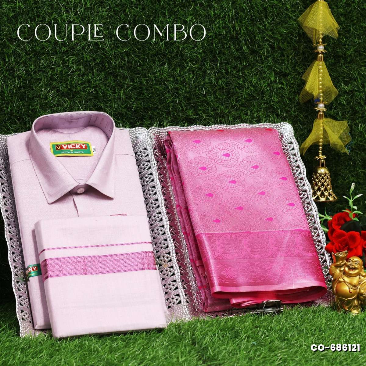 Elegant Tissue Dhoti Shirt & Saree Couple Combo coordinated look for special occasions - BABY PINK (5)