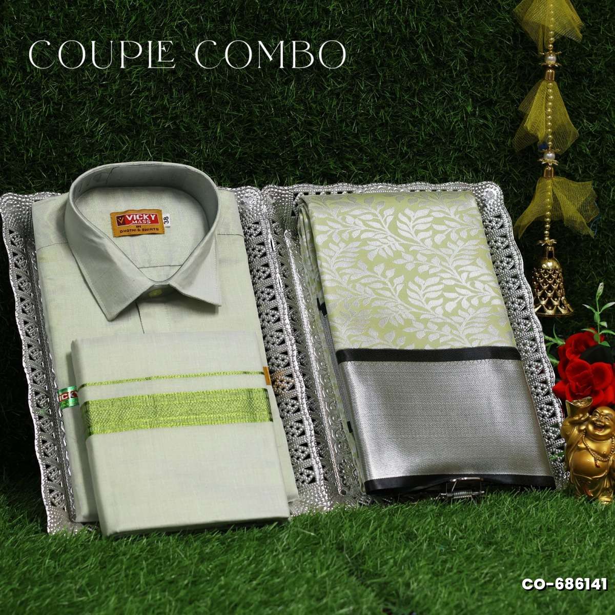 Elegant Tissue Dhoti Shirt & Saree Couple Combo coordinated look for special occasions - LIGHT GREEN (5)