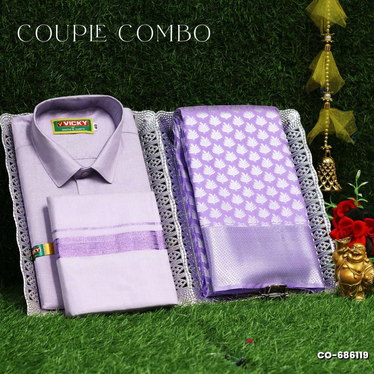 Elegant Tissue Dhoti Shirt & Saree Couple Combo coordinated look for special occasions - LEVENDOR (5)