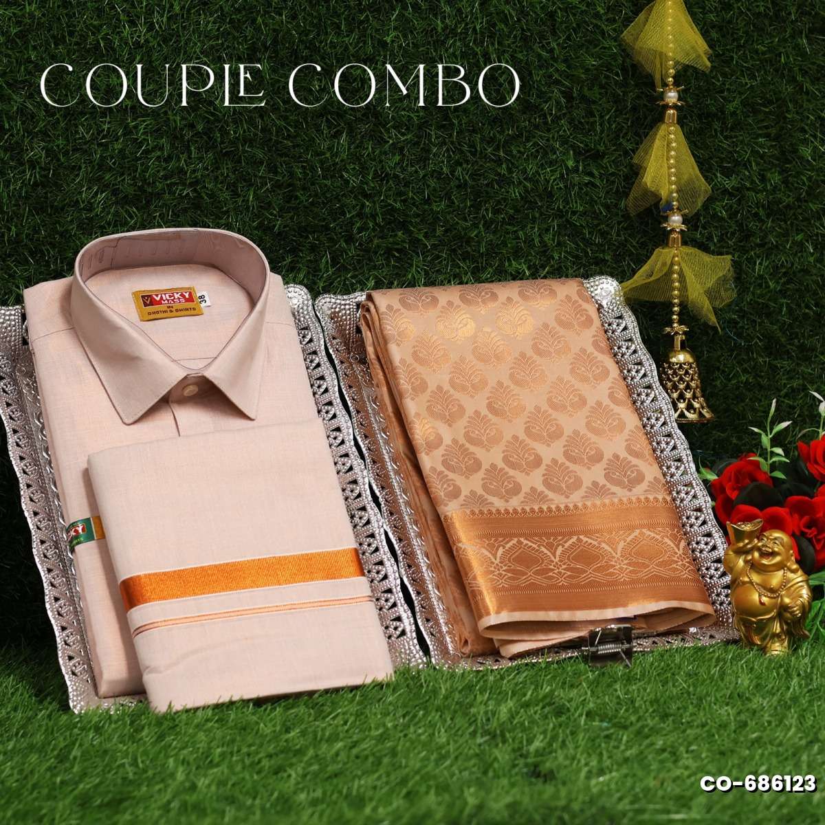 Elegant Tissue Dhoti Shirt & Saree Couple Combo coordinated look for special occasions - LIGHT SANDLE (3)