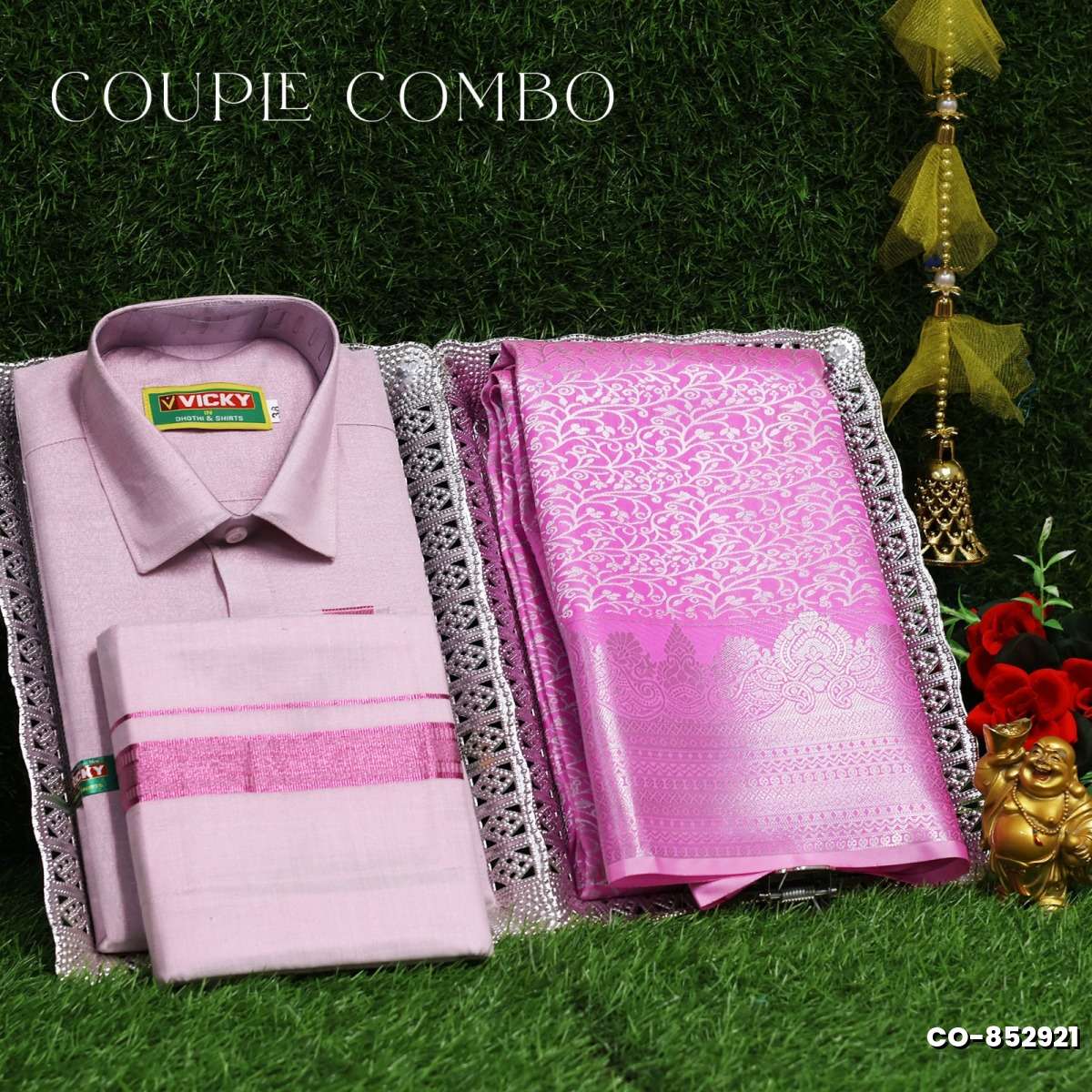 Elegant Tissue Dhoti Shirt & Saree Couple Combo coordinated look for special occasions - BABY PINK (6)