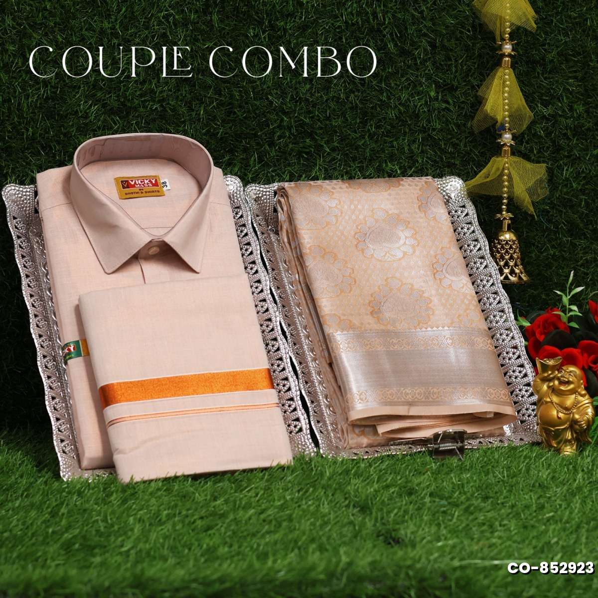Elegant Tissue Dhoti Shirt & Saree Couple Combo coordinated look for special occasions - LIGHT SANDLE (4)
