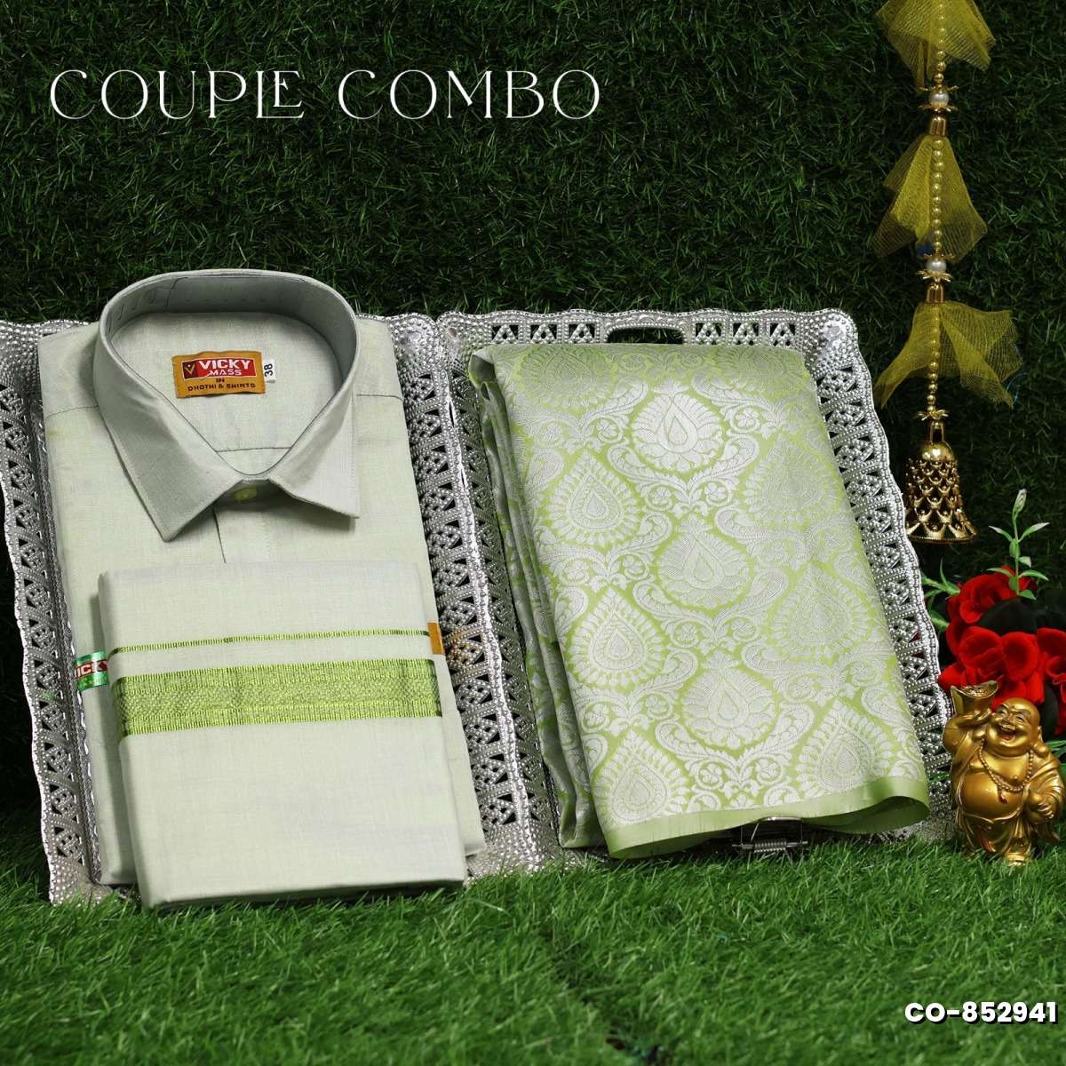 Elegant Tissue Dhoti Shirt & Saree Couple Combo coordinated look for special occasions - LIGHT GREEN (6)