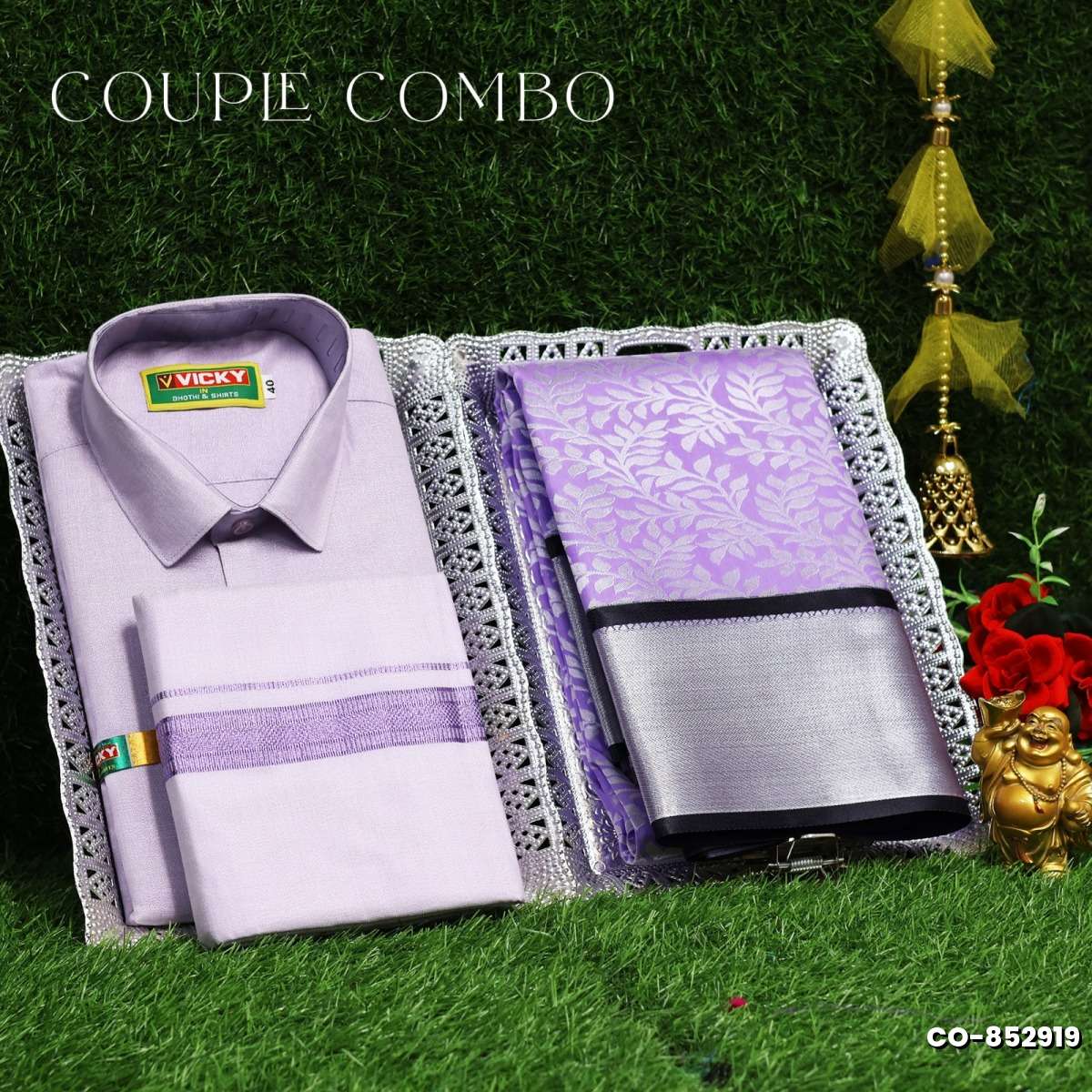 Elegant Tissue Dhoti Shirt & Saree Couple Combo coordinated look for special occasions - LEVENDOR (6)