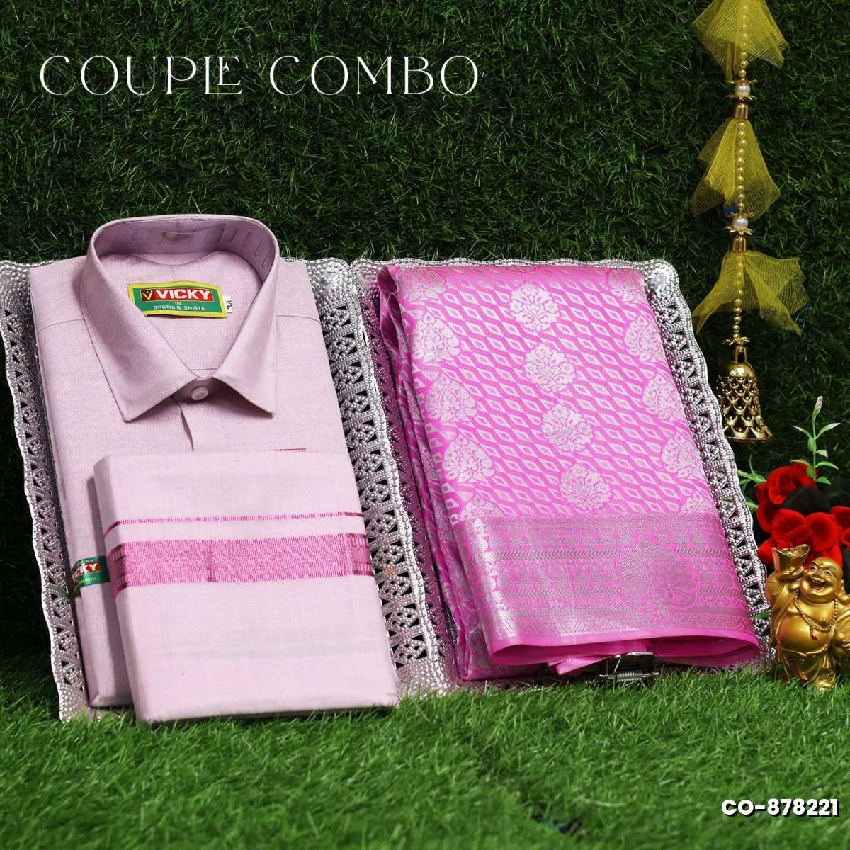 Elegant Tissue Dhoti Shirt & Saree Couple Combo coordinated look for special occasions - BABY PINK (7)