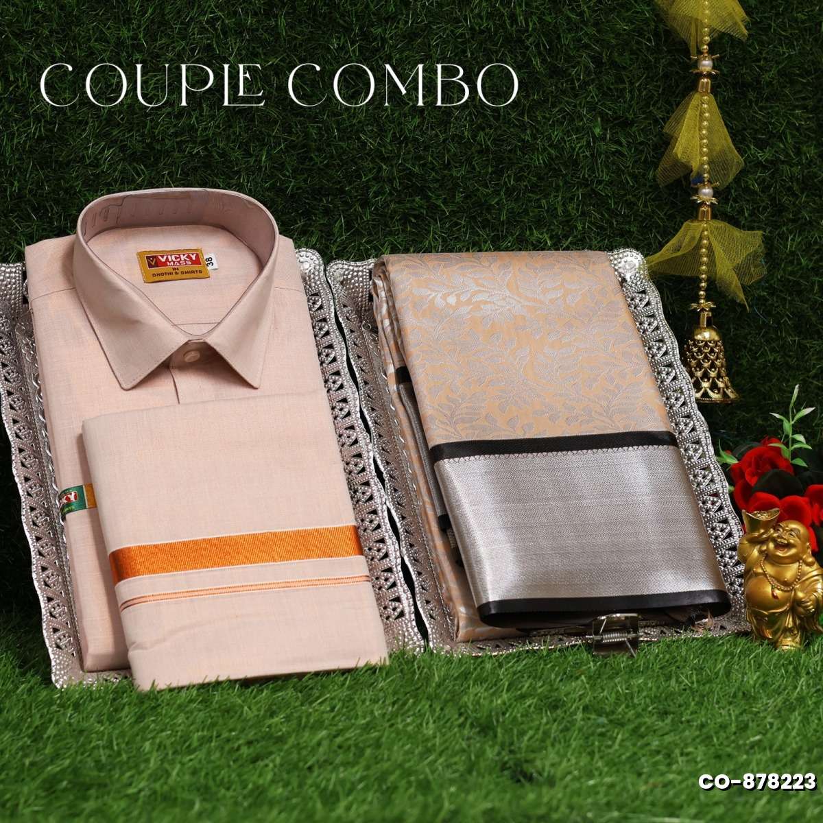 Elegant Tissue Dhoti Shirt & Saree Couple Combo coordinated look for special occasions - LIGHT SANDLE (5)