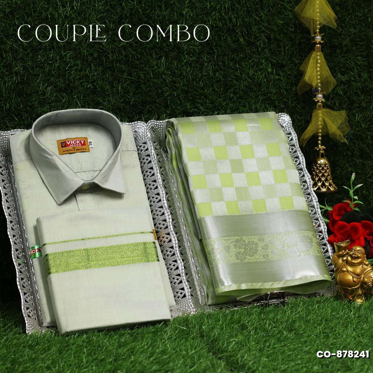 Elegant Tissue Dhoti Shirt & Saree Couple Combo coordinated look for special occasions - LIGHT GREEN (7)