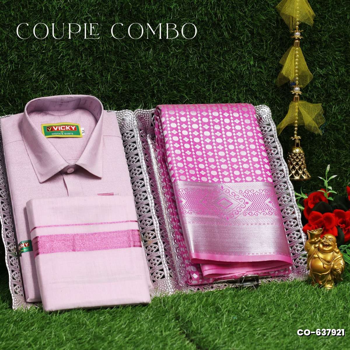 Elegant Tissue Dhoti Shirt & Saree Couple Combo coordinated look for special occasions - BABY PINK (8)