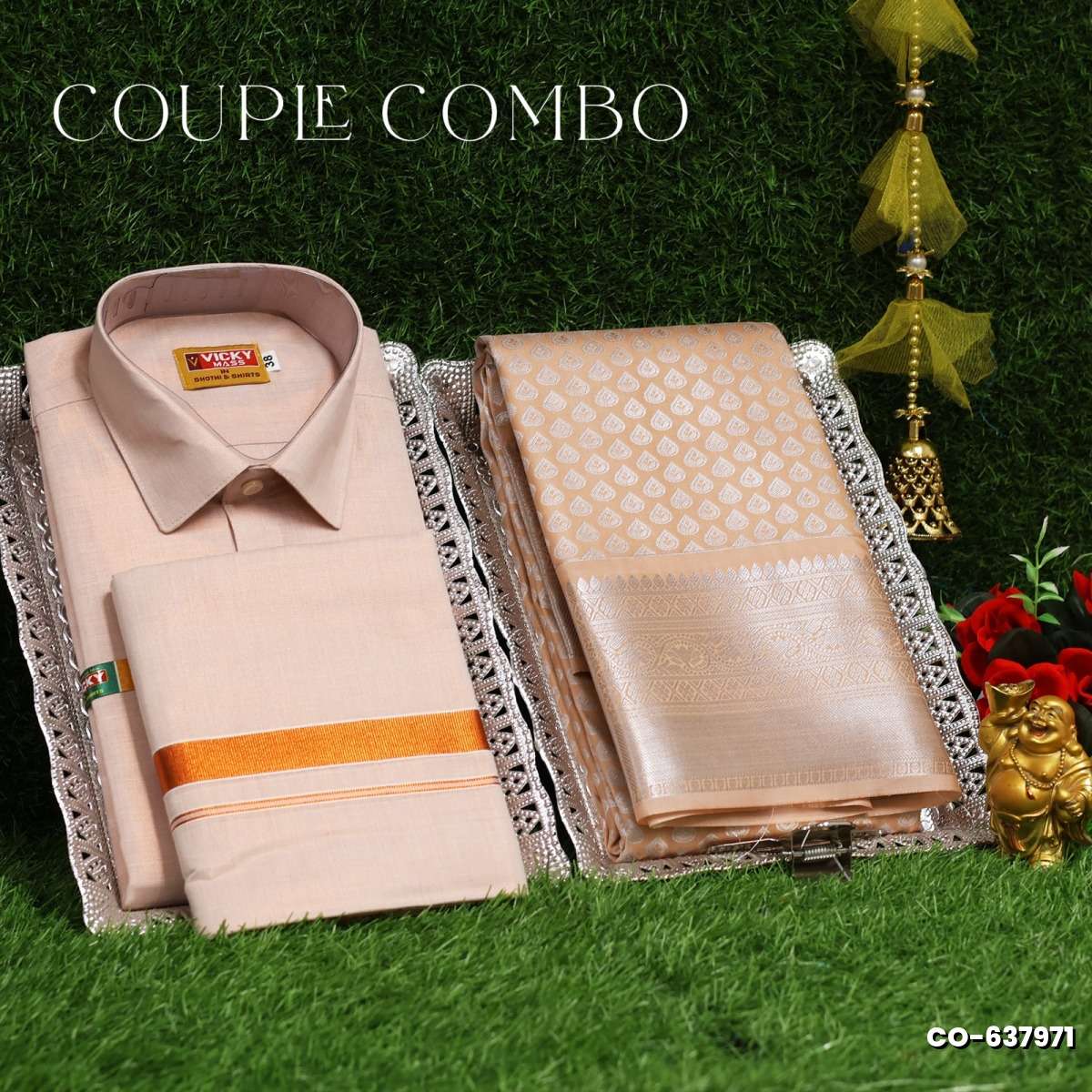 Elegant Tissue Dhoti Shirt & Saree Couple Combo coordinated look for special occasions - PEACH COLOUR (3)