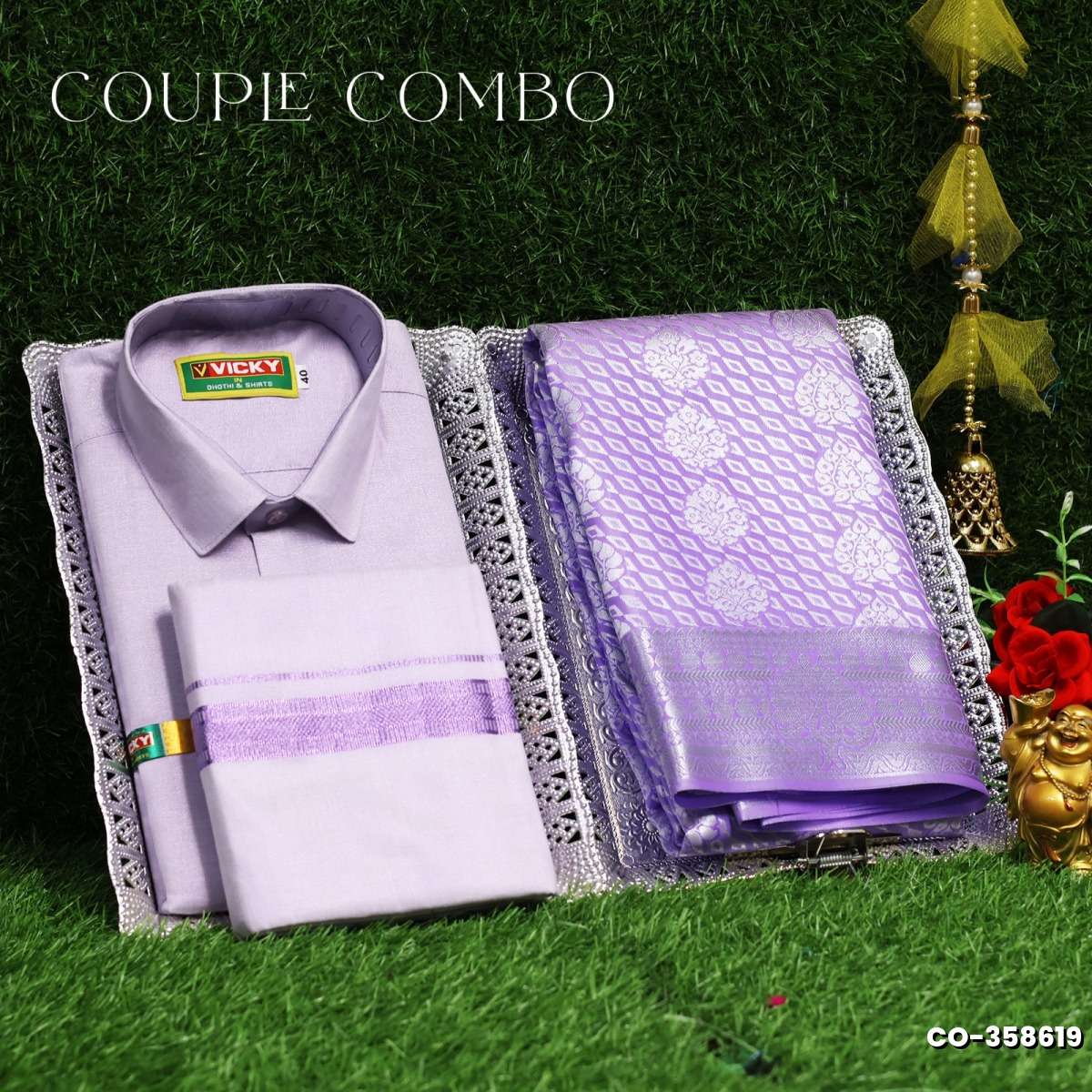 Elegant Tissue Dhoti Shirt & Saree Couple Combo coordinated look for special occasions - LEVENDOR (9)