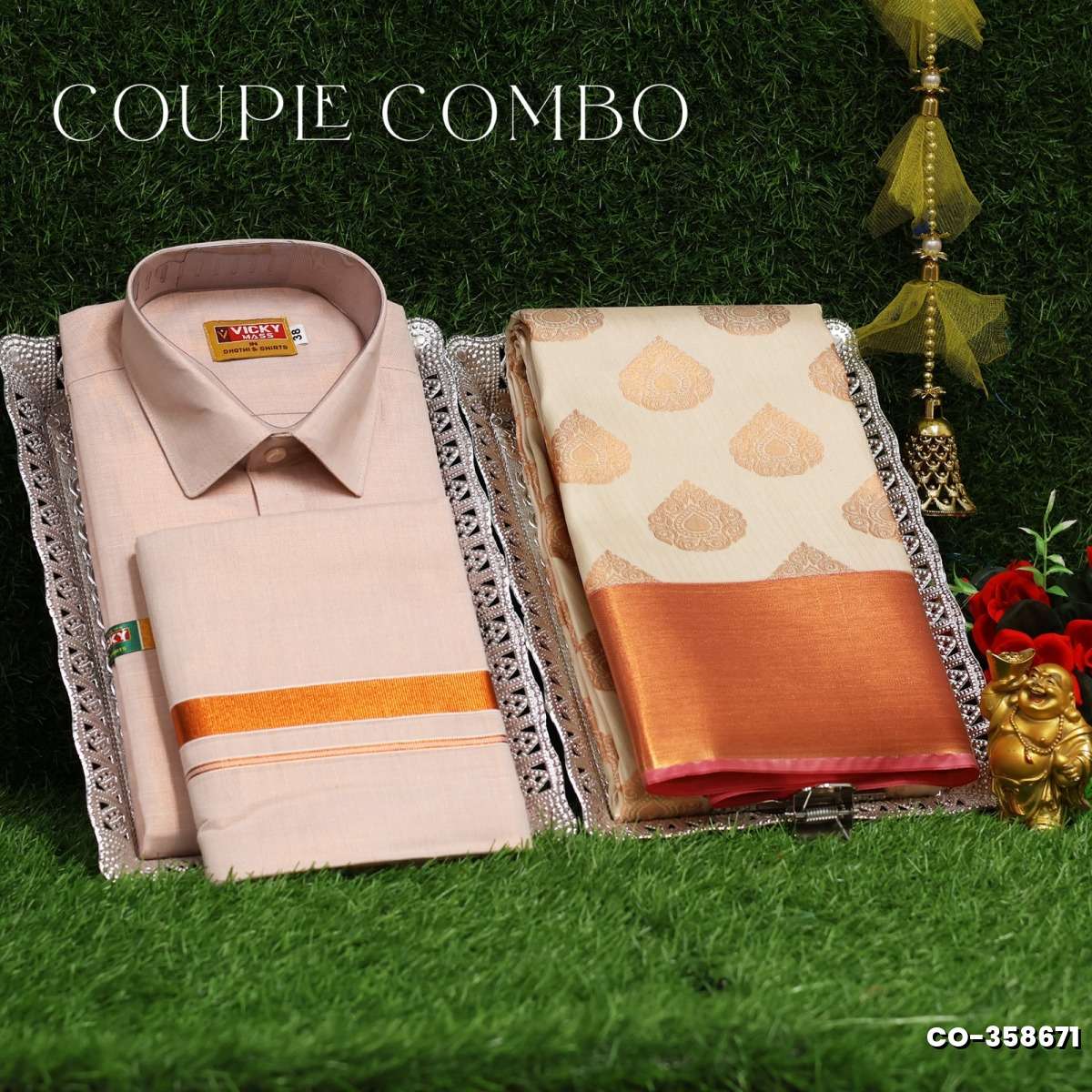 Elegant Tissue Dhoti Shirt & Saree Couple Combo coordinated look for special occasions - PEACH COLOUR (4)