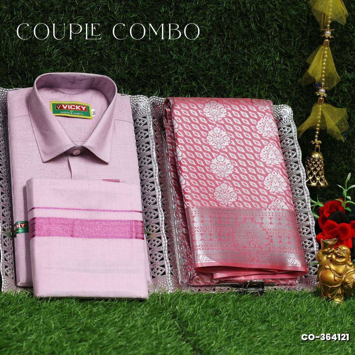 Elegant Tissue Dhoti Shirt & Saree Couple Combo coordinated look for special occasions - BABY PINK (10)