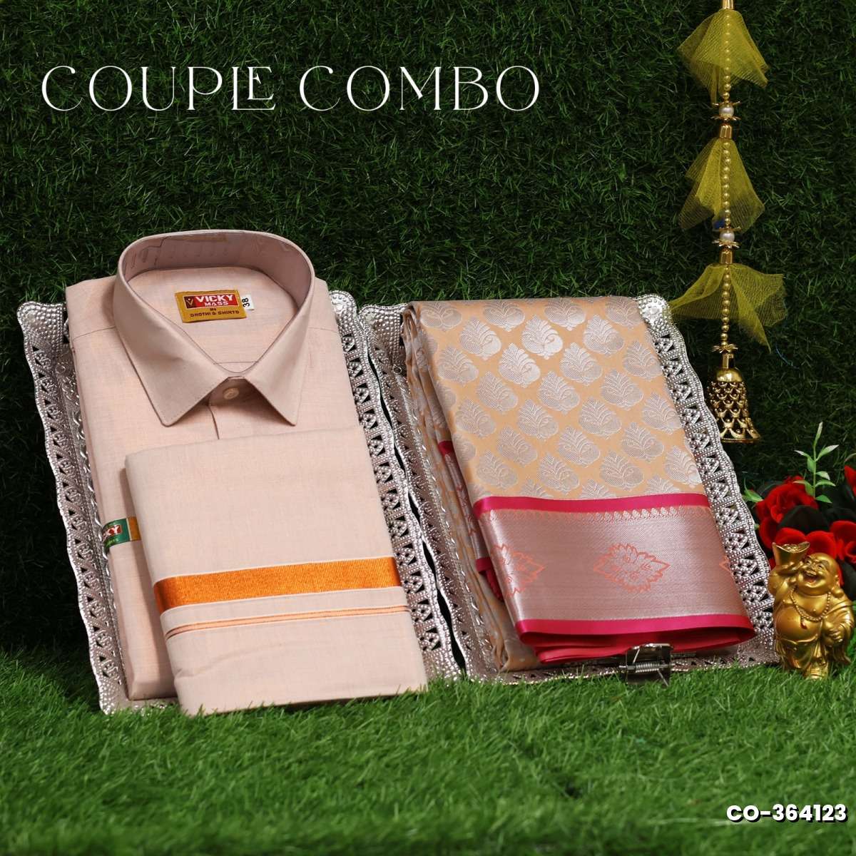 Elegant Tissue Dhoti Shirt & Saree Couple Combo coordinated look for special occasions - LIGHT SANDLE (6)