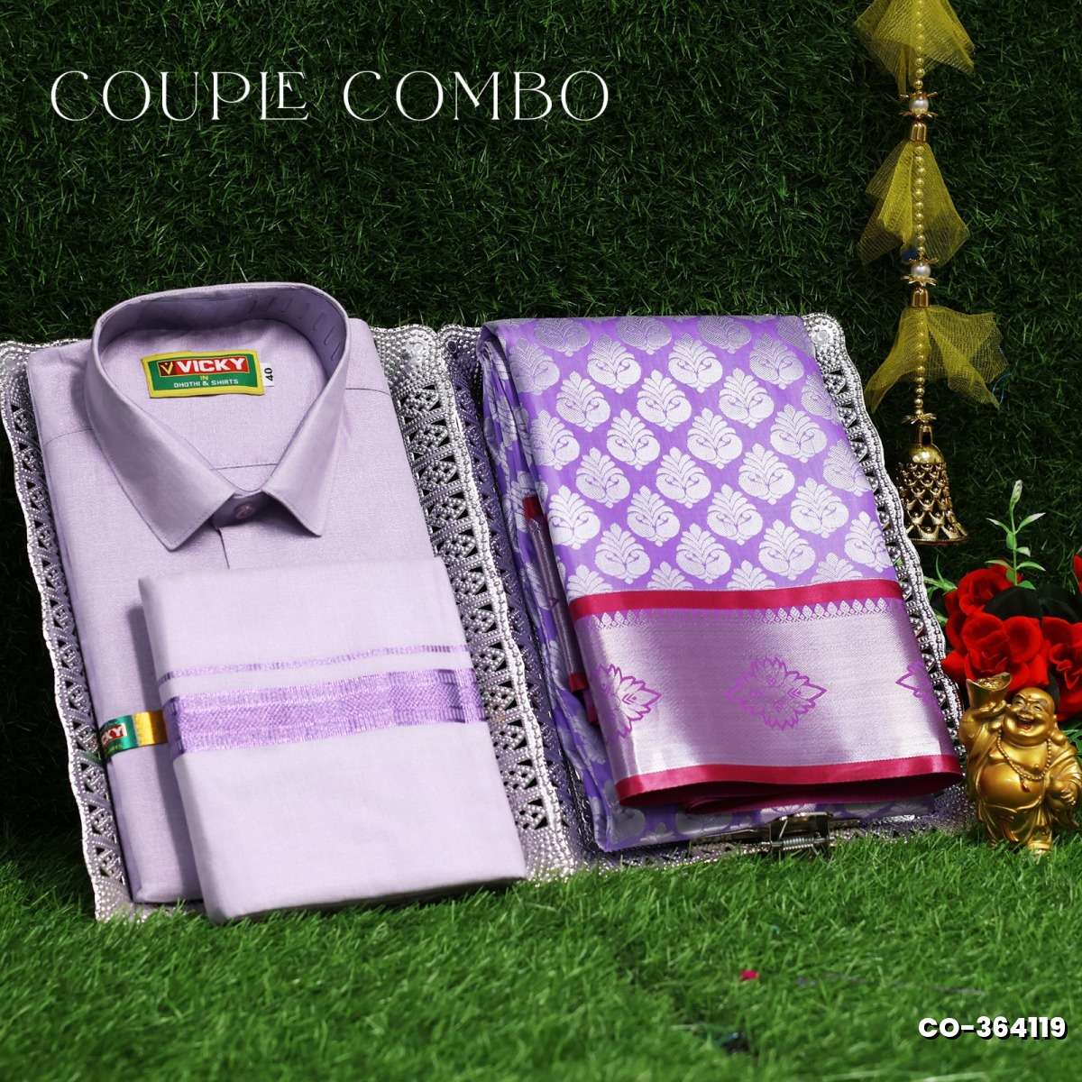 Elegant Tissue Dhoti Shirt & Saree Couple Combo coordinated look for special occasions - LEVENDOR (10)