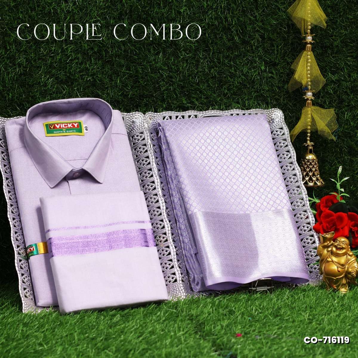 Elegant Tissue Dhoti Shirt & Saree Couple Combo coordinated look for special occasions - LEVENDOR (11)