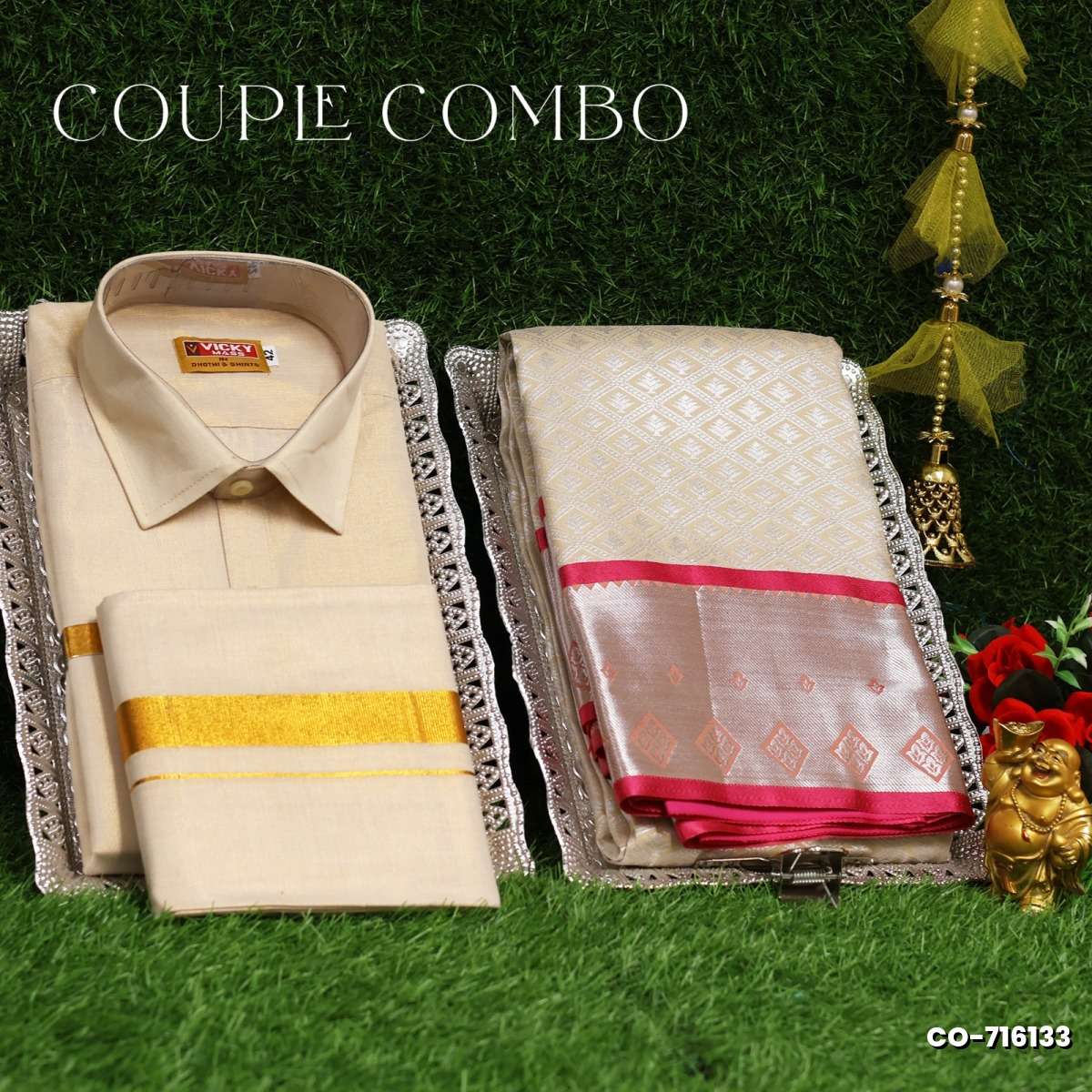 Elegant Tissue Dhoti Shirt & Saree Couple Combo coordinated look for special occasions - CREAM (4)