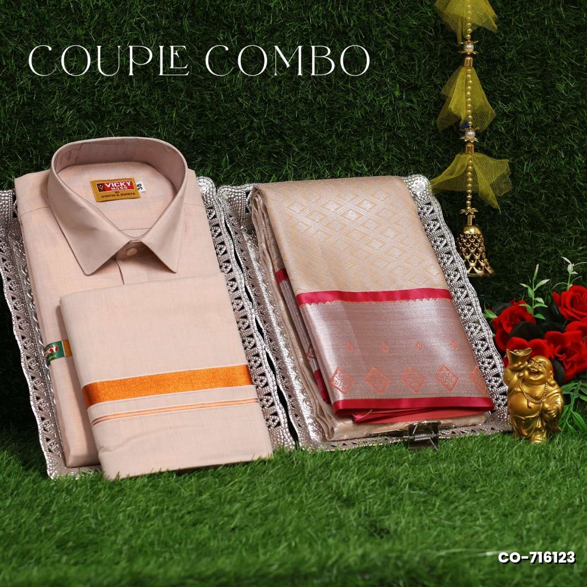 Elegant Tissue Dhoti Shirt & Saree Couple Combo coordinated look for special occasions - LIGHT SANDLE (7)