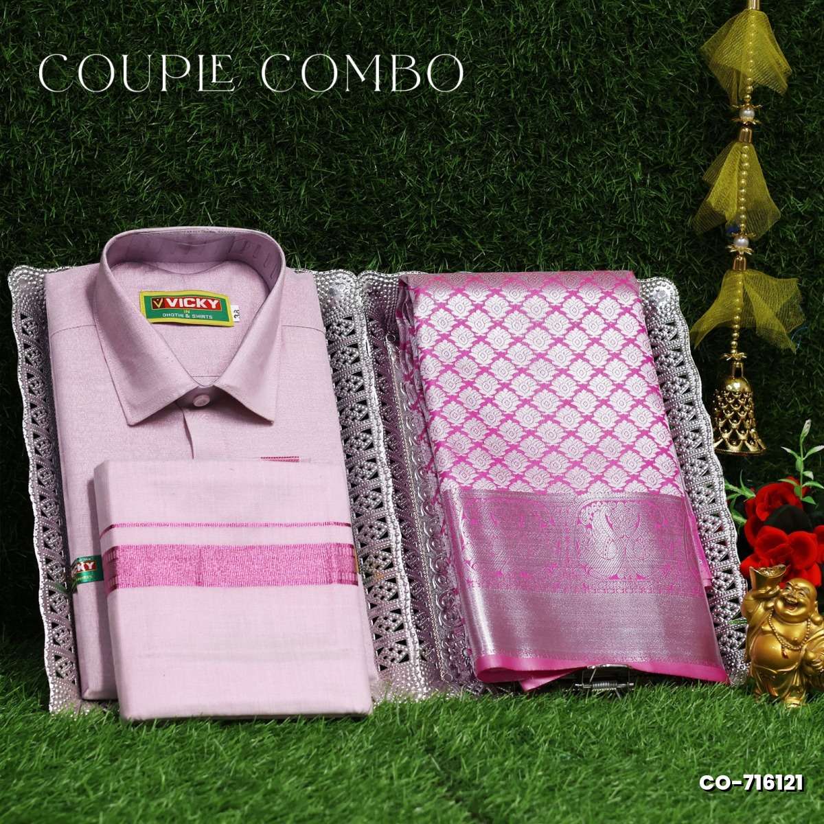 Elegant Tissue Dhoti Shirt & Saree Couple Combo coordinated look for special occasions - BABY PINK (11)