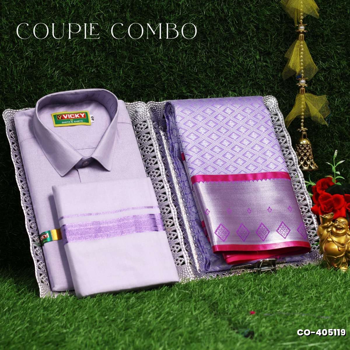 Elegant Tissue Dhoti Shirt & Saree Couple Combo coordinated look for special occasions - LEVENDOR (12)