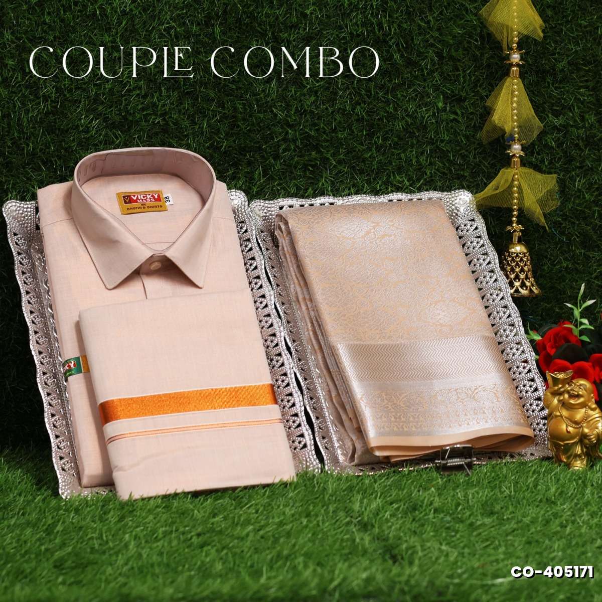 Elegant Tissue Dhoti Shirt & Saree Couple Combo coordinated look for special occasions - PEACH COLOUR (5)