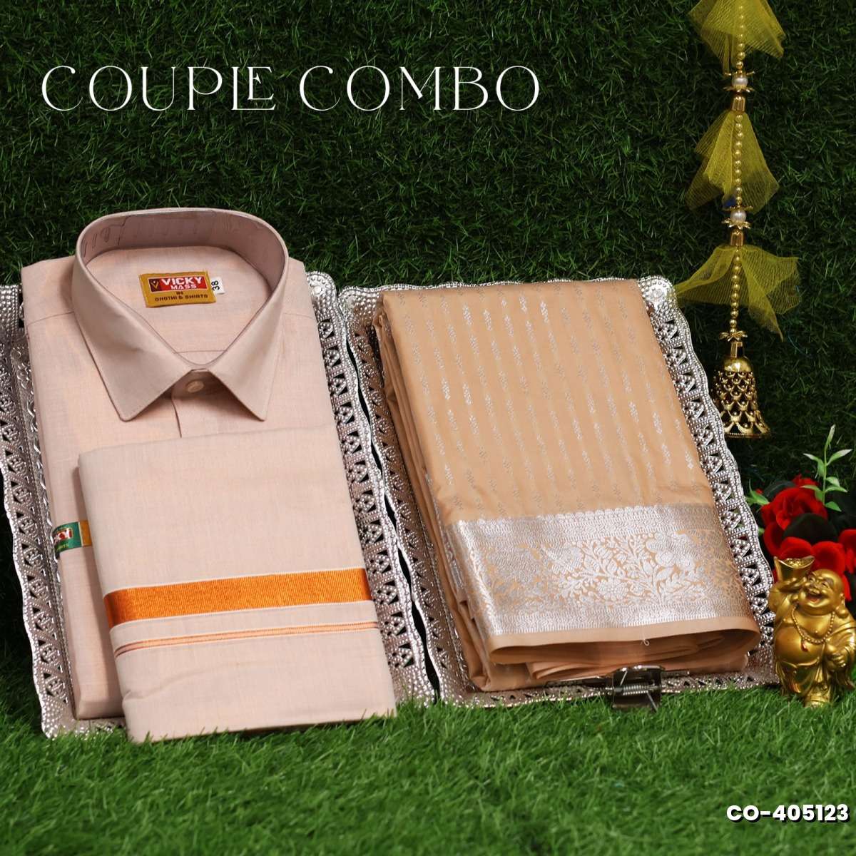 Elegant Tissue Dhoti Shirt & Saree Couple Combo coordinated look for special occasions - LIGHT SANDLE (8)