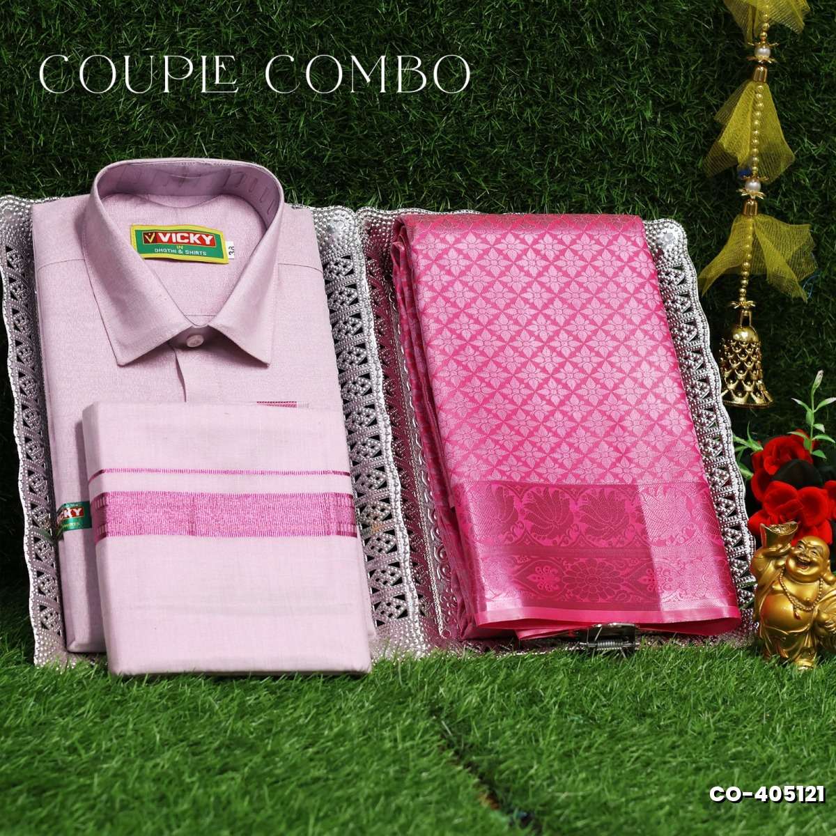 Elegant Tissue Dhoti Shirt & Saree Couple Combo coordinated look for special occasions - BABY PINK (12)