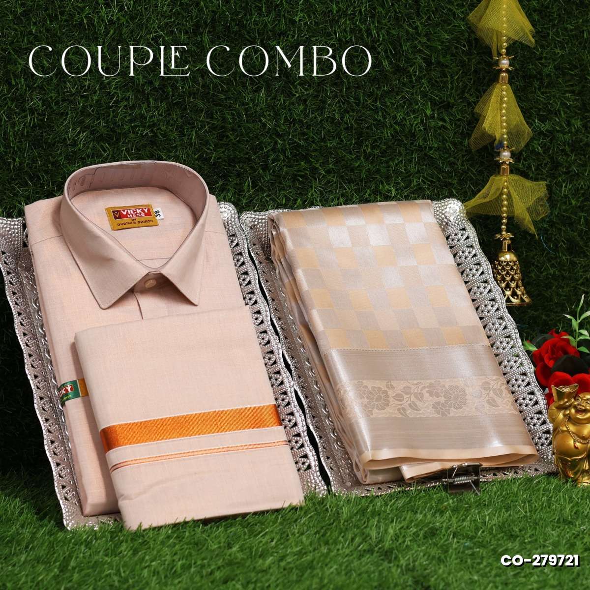 Elegant Tissue Dhoti Shirt & Saree Couple Combo coordinated look for special occasions - BABY PINK (13)