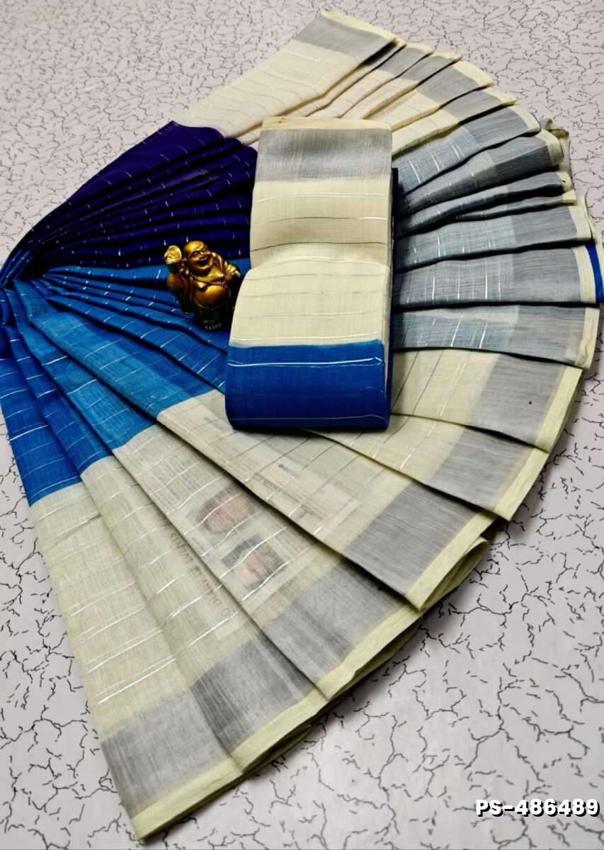 PUSHPA 2 LINEN COTTON SAREES - BLUE COLOUR