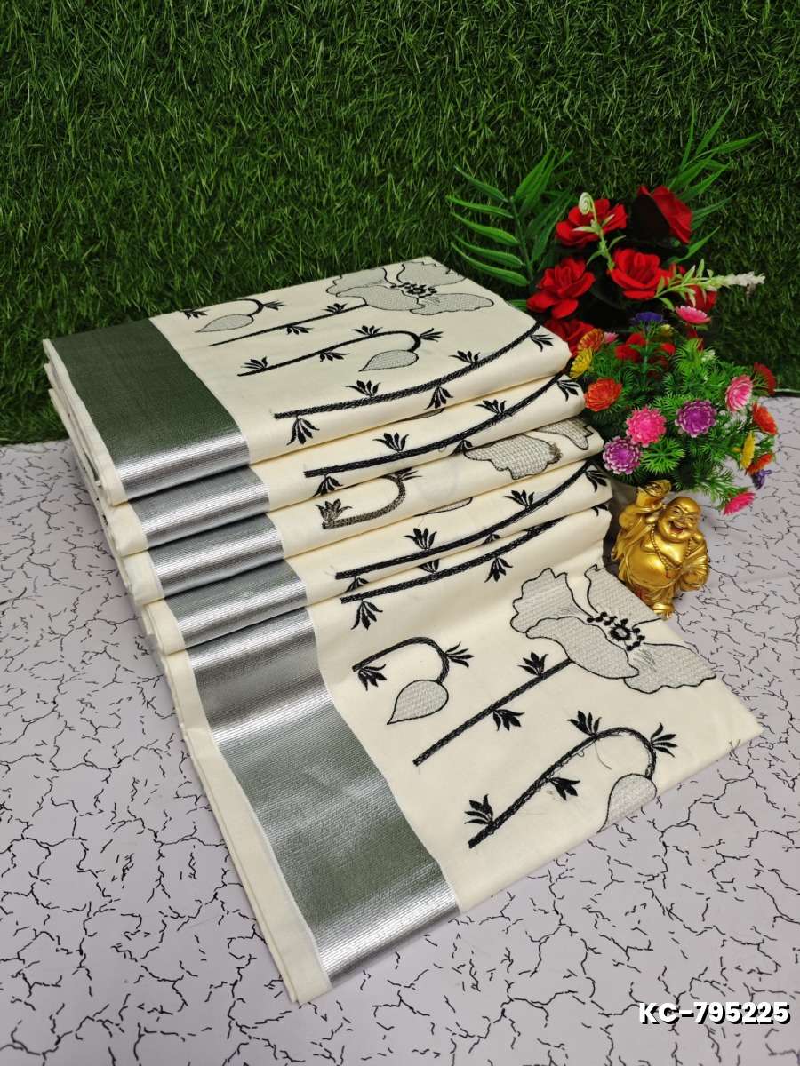Trending kerala onam special kasavu saree full work embossed digital printing cotton saree collections - WHITE