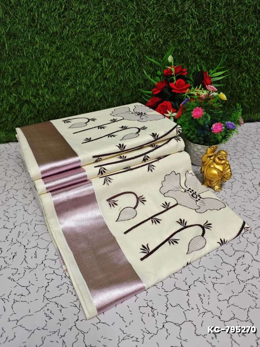 Trending kerala onam special kasavu saree full work embossed digital printing cotton saree collections - IVORY COLOUR