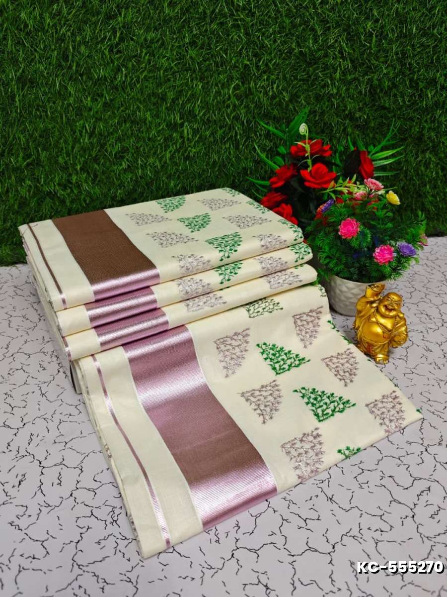 Trending Kerala Onam Special Kasavu Saree Full Work Embossed Digital Printing Cotton Saree Collections - IVORY COLOUR (1)
